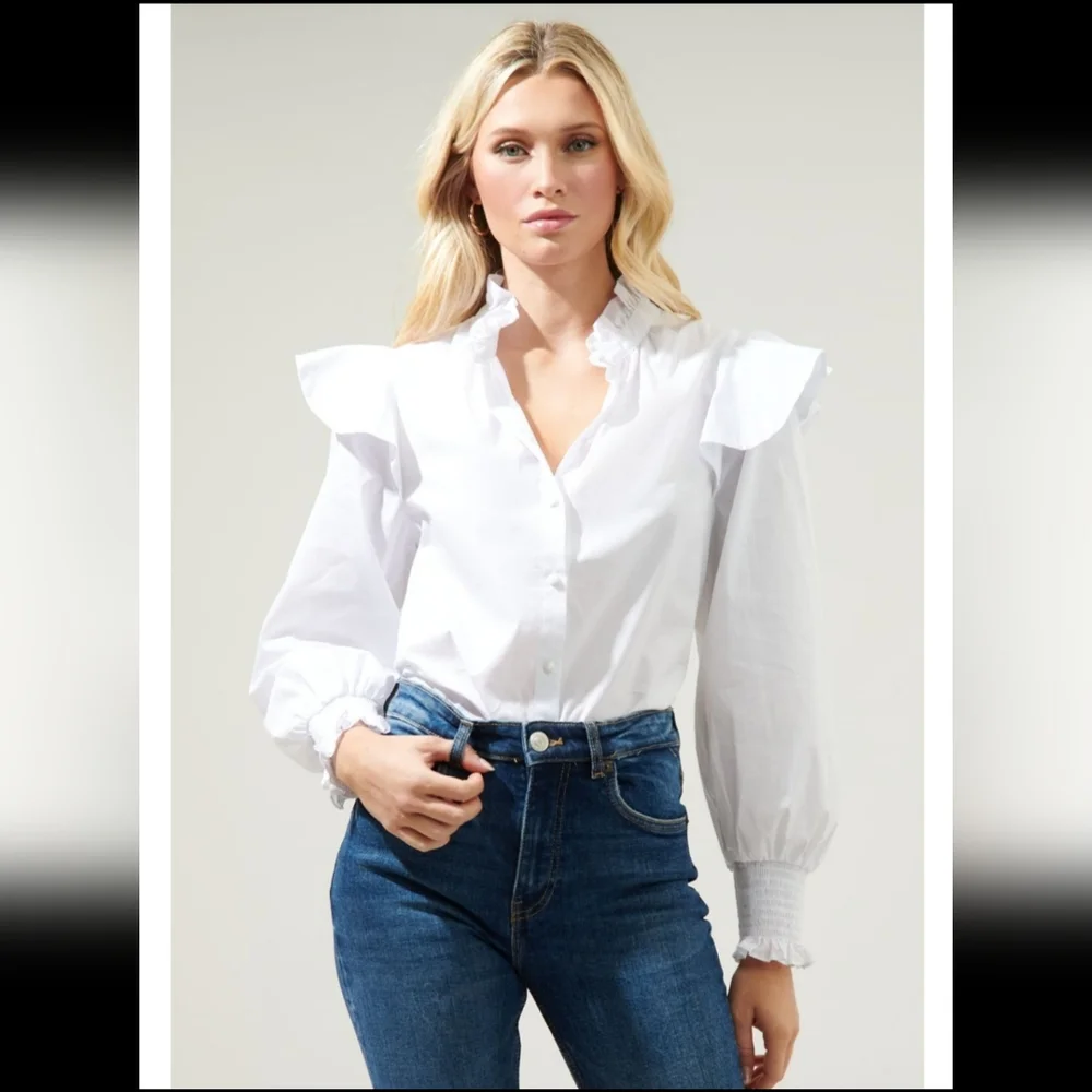 Fly High white ruffled poplin button down shirt